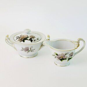 Vintage Shabby Chic Peony Floral Creamer & Sugar c1958 Japan, Pastel Pink Purple